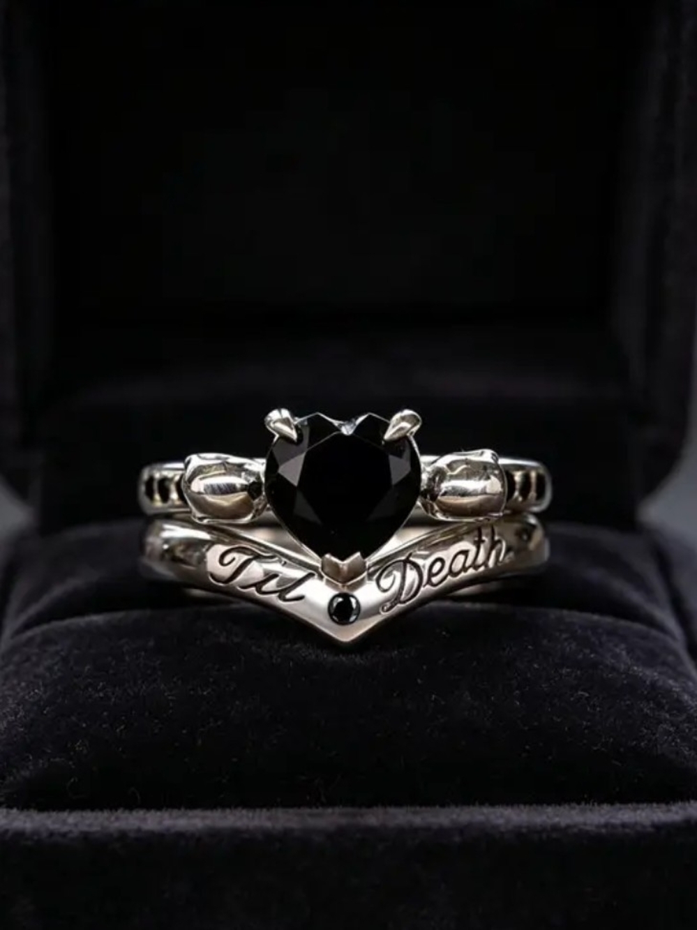 Black Heart Gothic Ring Set - 'Til Death'